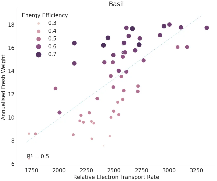 Fig. 2 Annual fresh weight over relative electron transport rate (ETR), showing the relationship between photosynthetic activity and energy efficiency for basil.