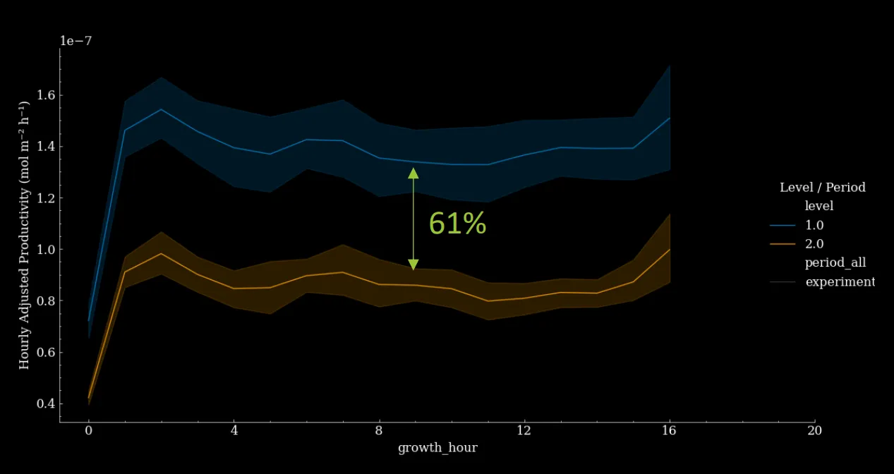 Light optimisation supported by Gardin's photosynthetic insights led to increased photosynthetic productivity by 61%. Hourly productivity shows the amount of light absorbed by the plant used for photosynthesis (electron transport rate). Increasing light intensity increased electron transport, providing more energy for CO2 fixation.